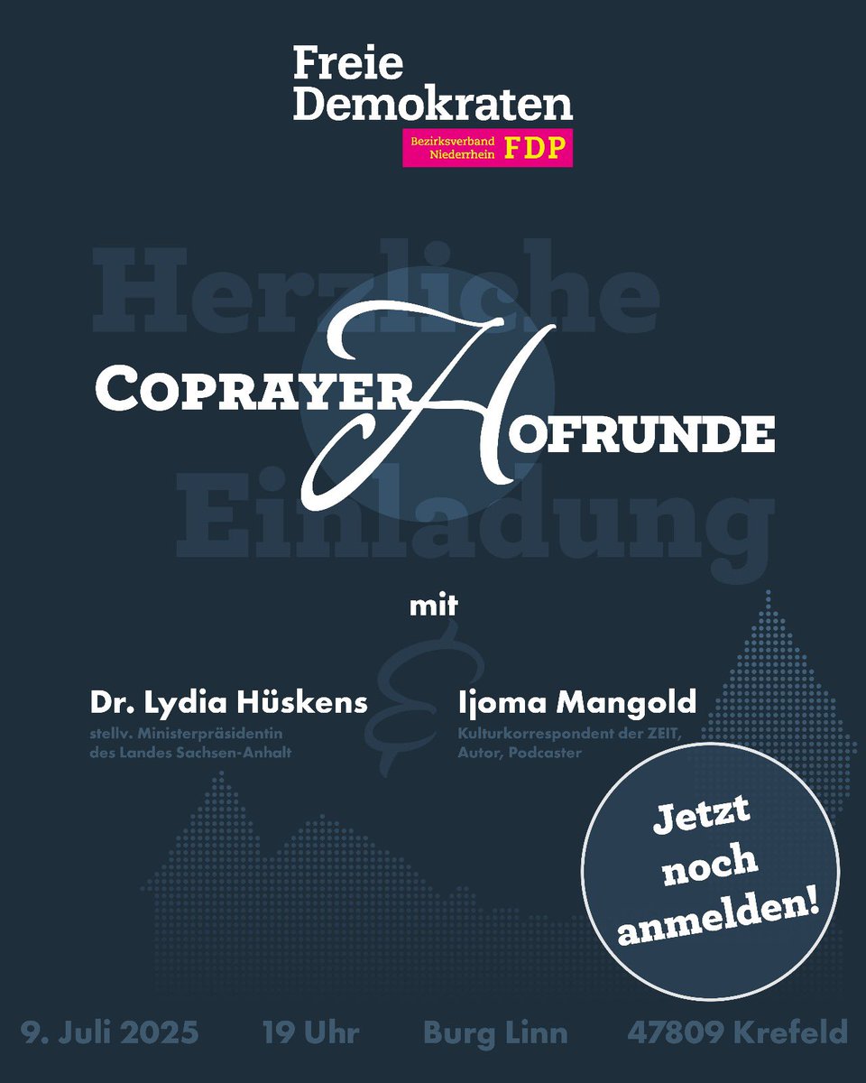 Leute, diese Mega-Veranstaltung lege ich euch mal ganz ganz warm ans Herz! Das wird nämlich großartig mit <a href="/LydiaHueskens/">Lydia Hüskens</a> und <a href="/IjomaMangold/">Ijoma Mangold</a>! 

Anmeldung:
niederrhein.freie-demokraten.de/termin/copraye…