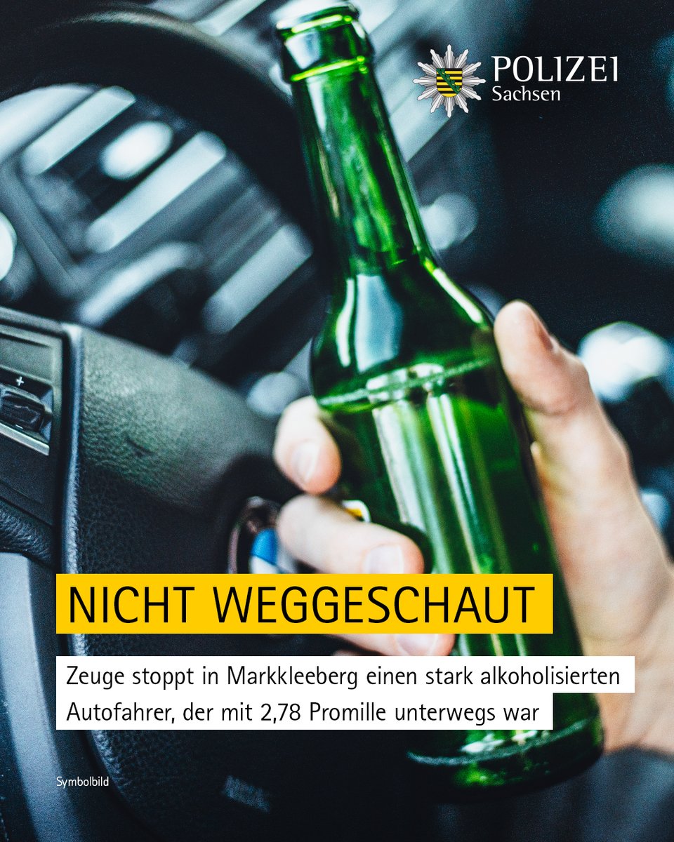 Ein Zeuge stoppte in #Markkleeberg einen stark alkoholisierten Autofahrer, der in Schlangenlinien unterwegs war, und nahm ihm die Autoschlüssel ab. Wir ermitteln wegen Gefährdung des Straßenverkehrs

Diese &amp; weitere Meldungen der Polizeidirektion #Leipzig: medienservice.sachsen.de/medien/news/10…