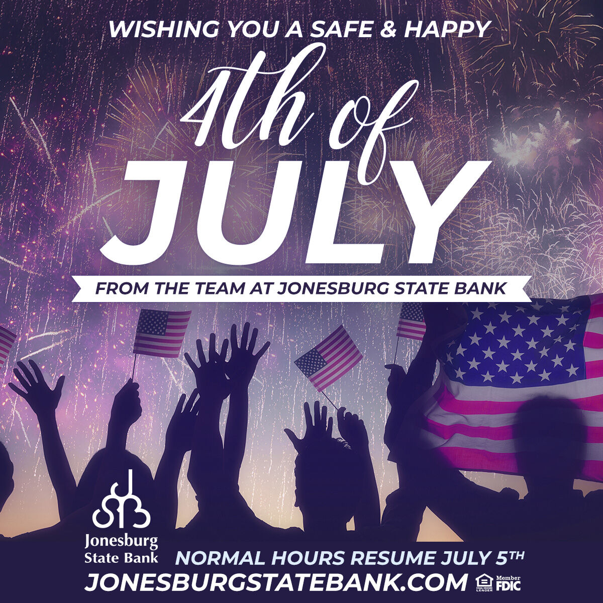 Happy 4th of July from the team at Jonesburg State Bank! We're celebrating independence and community spirit with our families. Please note, normal business hours will resume on July 5th. Have a safe and wonderful holiday!

#JonesburgStateBank #Happy4thOfJuly