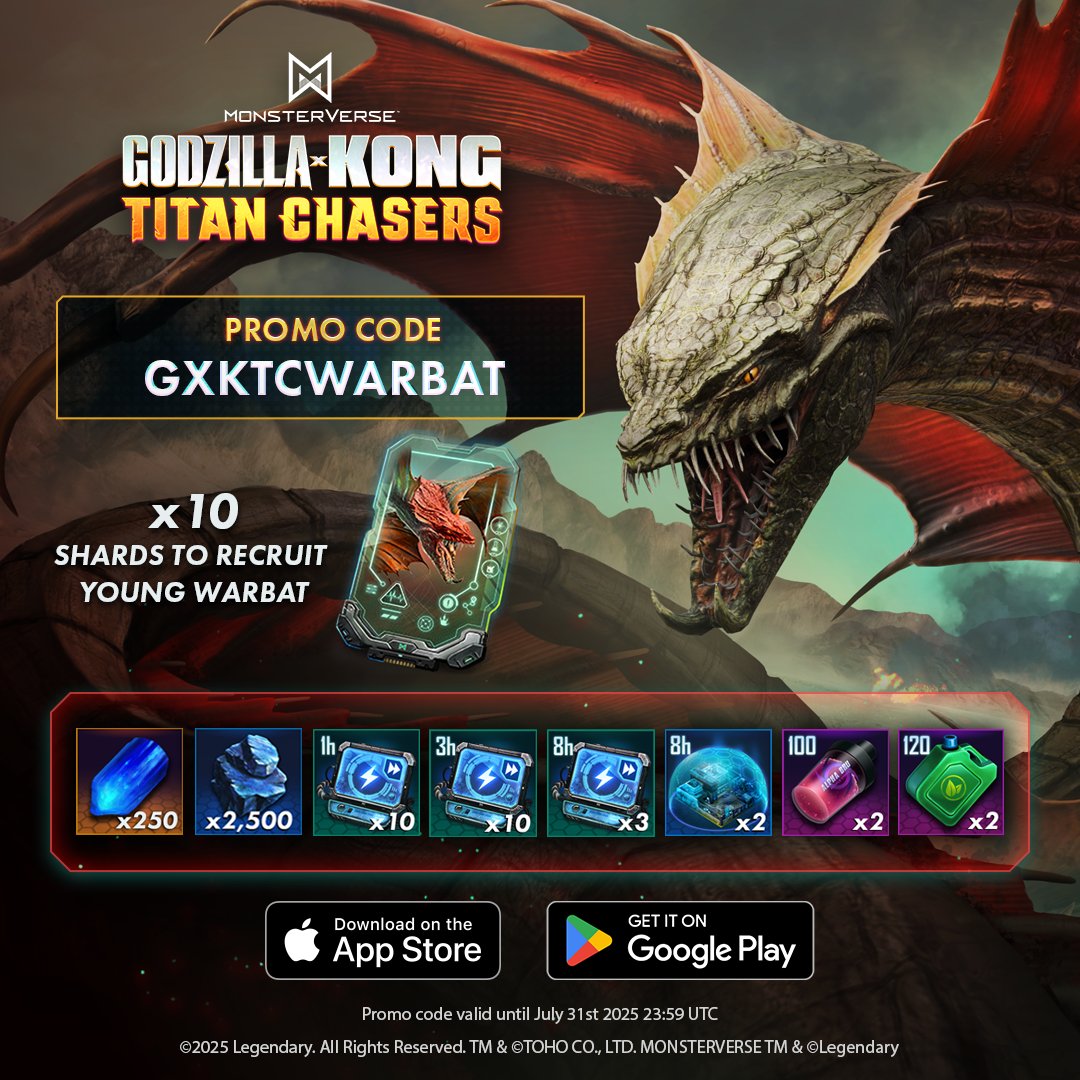 gxktitanchasers's tweet image. The Warbat swarm is here! You'll need a few supplies to help you navigate through the Siren Isles- good luck Titan Chasers.
Code: GXKTCWARBAT
Expires: July 31st 2025
Redeem at 👉 gxktitanchasers.com/redeem
#GodzillaxKong #Monsterverse