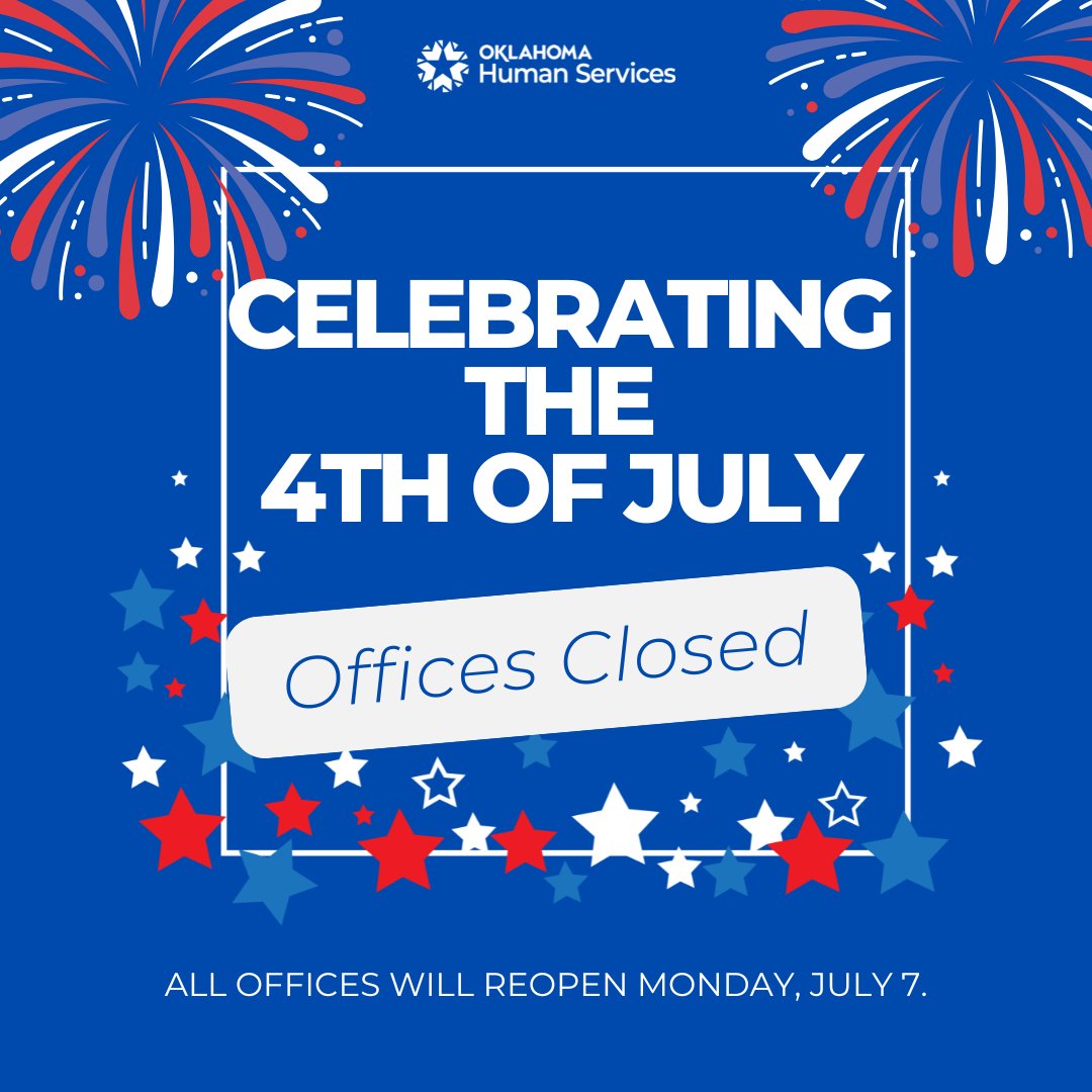 OKDHS's tweet image. 🇺🇸 Oklahoma Human Services offices will be closed Friday, July 4, in observance of Independence Day.
We will reopen on Monday, July 7 during regular business hours.
We wish you a safe and happy 4th of July!