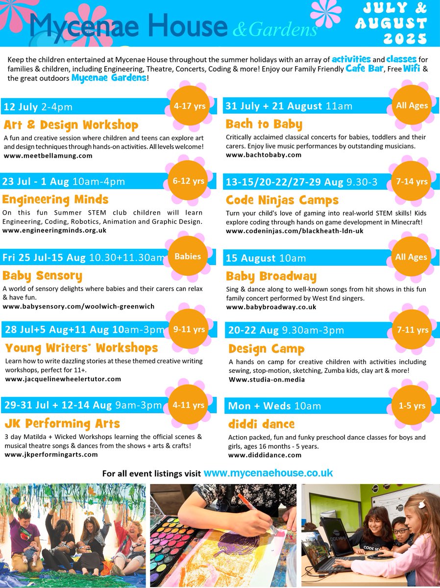 Arranging plans for the #SummerHolidays?

Sign your children up for 1 of the many #activities running here this July &amp; Aug, topics range from Engineering, Theatre, Creative Writing, Coding, Design, Concerts &amp; more!

For info visit mycenaehouse.co.uk/2025/05/30/sum…

#Blackheath #Greenwich