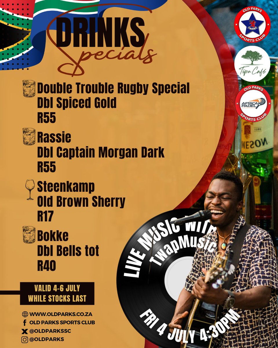 Fridays at Old Parks! 🎉🍻🎤🔥
Live music from 4:30pm.
Drinks specials available all weekend.
Come down and join us.
#fridaysatoldparks #livemusic #twapmusic #drinksspecials #weekendvibes #fridayfun