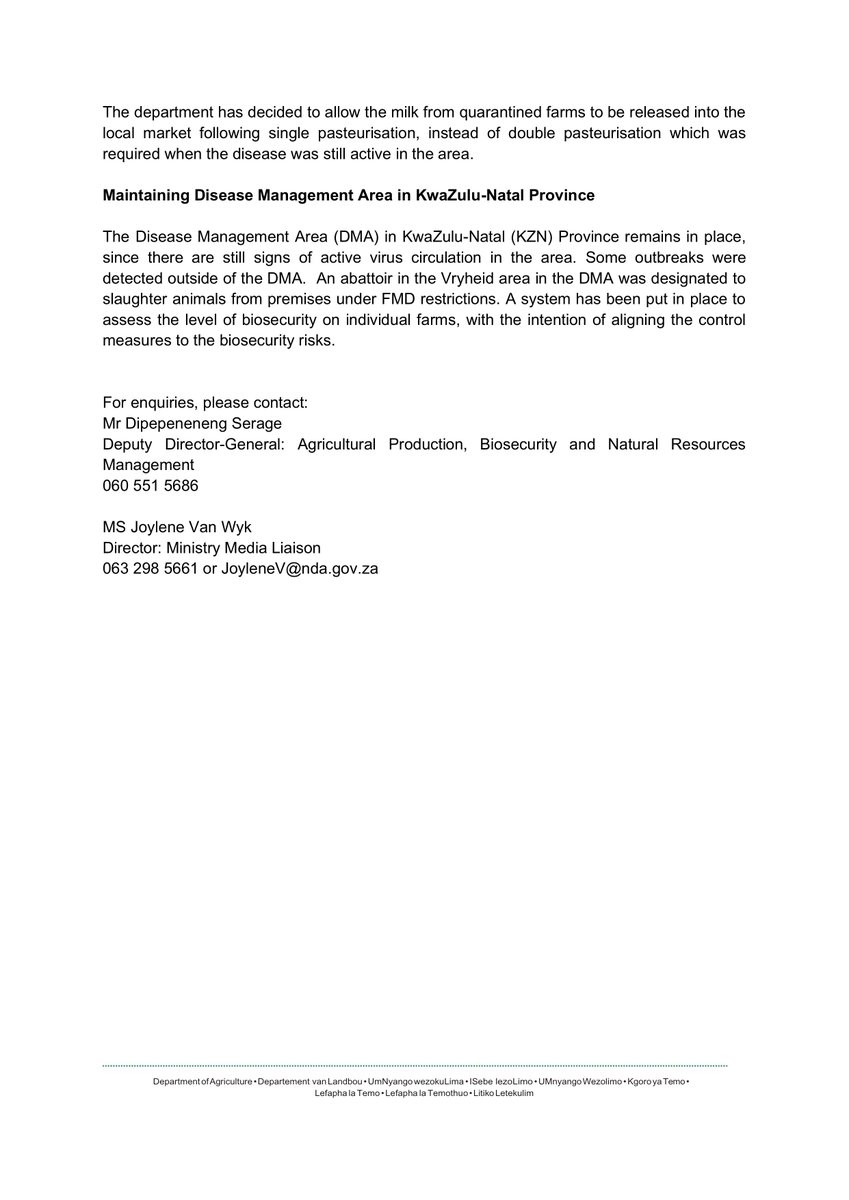 jsteenhuisen's tweet image. I am pleased to announce that we have decided to lift the foot-and-mouth disease management areas (DMA) in the Eastern Cape and Limpopo after intensified efforts by the Veterinary Services were successful in containing the spread of FMD in the two provinces. 🇿🇦