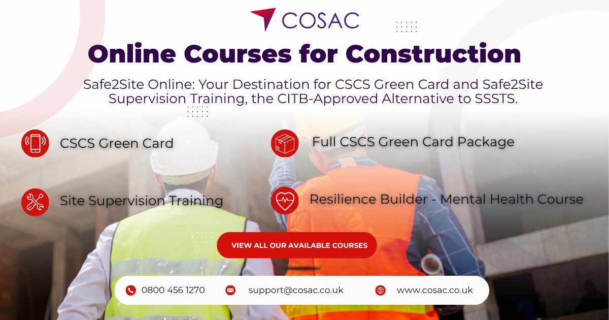 All Your #ConstructionCourses, All in One Place

Need your #CSCSGreenCard? Done.

Want your #SSSTS without the classroom? Say hello to S2SST.

Fully online, flexible, and built for busy people.

Train anytime, anywhere – what’s not to love?

cosac.co.uk

#construction