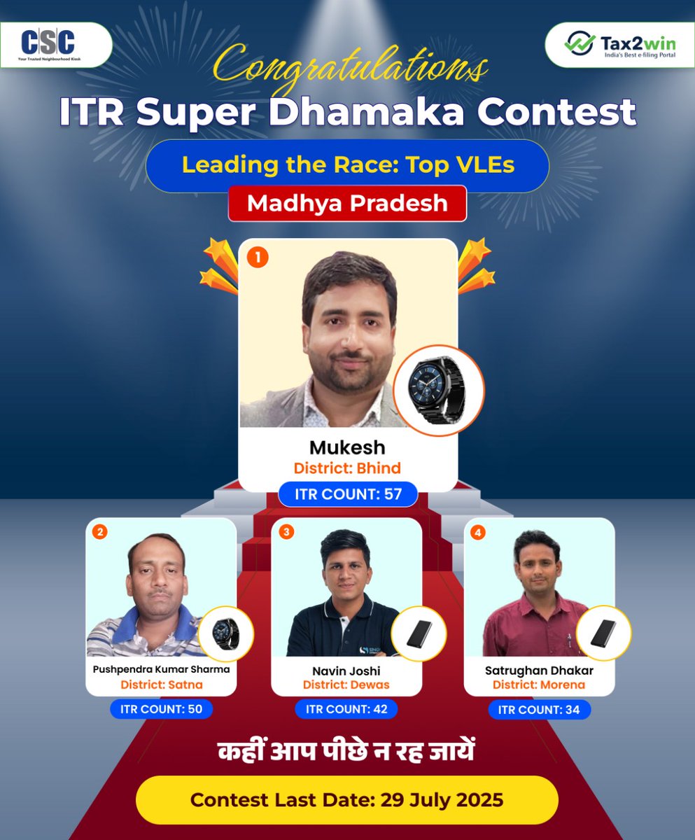 CSCSPV_ Madhya Pradesh (@mp_cscspv) on Twitter photo Top VLEs on ITR contest
рдЖрдк рд╕рднреА рдХреЛ рдмрд╣реБрдд рдмрд╣реБрдд рдмрдзрд╛рдИ
рд╕рднреА рд╡реАрдПрд▓рдИ рдЕрдкрдирд╛ рдПрд╡рдВ рдЕрдкрдиреЗ рдЖрд╕рдкрд╛рд╕ рдХреЗ рдирд╛рдЧрд░рд┐рдХреЛрдВ рдХрд╛ ITR рдбрд┐рдЬрд┐рдЯрд▓ рд╕реЗрд╡рд╛ рдкреЛрд░реНрдЯрд▓ рдХреЗ рдорд╛рдзреНрдпрдо рд╕реЗ рднрд░рдирд╛ рд╢реБрд░реВ рдХрд░реЗрдВ рдпрд╛ рдиреАрдЪреЗ рджреА рдЧрдИ рд▓рд┐рдВрдХ рд╕реЗ рд╕реАрдзреЗ рд▓реЙрдЧрд┐рди рдХрд░реЗрдВред
Start file now : tax2win.biz/csc/login
<a href="/CSCegov_/">CSCeGov</a>
<a href="/atulitrai/">Atulit Rai</a> Top VLEs on ITR contest
рдЖрдк рд╕рднреА рдХреЛ рдмрд╣реБрдд рдмрд╣реБрдд рдмрдзрд╛рдИ
рд╕рднреА рд╡реАрдПрд▓рдИ рдЕрдкрдирд╛ рдПрд╡рдВ рдЕрдкрдиреЗ рдЖрд╕рдкрд╛рд╕ рдХреЗ рдирд╛рдЧрд░рд┐рдХреЛрдВ рдХрд╛ ITR рдбрд┐рдЬрд┐рдЯрд▓ рд╕реЗрд╡рд╛ рдкреЛрд░реНрдЯрд▓ рдХреЗ рдорд╛рдзреНрдпрдо рд╕реЗ рднрд░рдирд╛ рд╢реБрд░реВ рдХрд░реЗрдВ рдпрд╛ рдиреАрдЪреЗ рджреА рдЧрдИ рд▓рд┐рдВрдХ рд╕реЗ рд╕реАрдзреЗ рд▓реЙрдЧрд┐рди рдХрд░реЗрдВред
Start file now : tax2win.biz/csc/login
<a href="/CSCegov_/">CSCeGov</a>
<a href="/atulitrai/">Atulit Rai</a>