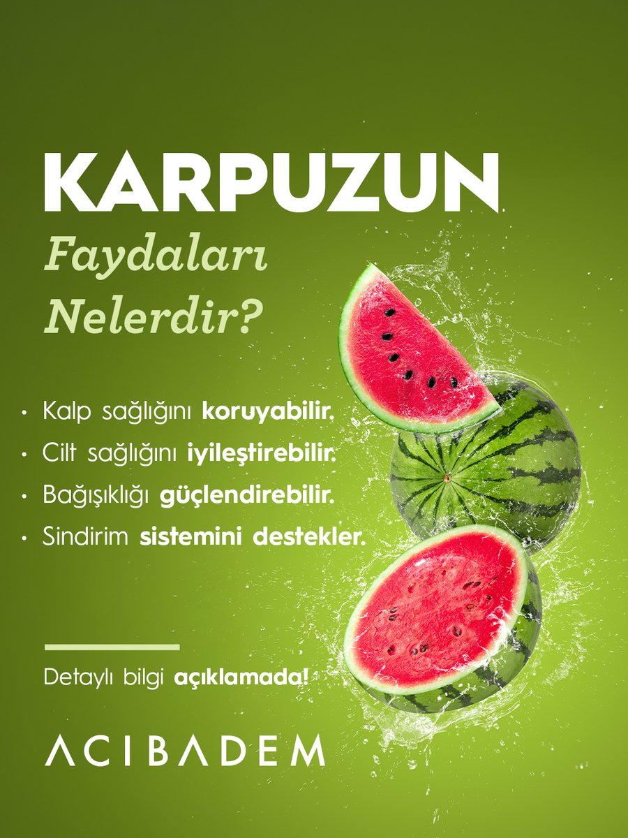 Yaz aylarının serinletici meyvelerinden biri olan karpuz, lezzetinin yanı sıra sağlık açısından da çeşitli faydalar sağlayabilir.
▫️Kalp sağlığını destekleyici etkiler gösterebilir.
▫️Cilt görünümünü iyileştirmeye yardımcı olabilir.
▫️Sindirim sisteminin düzenlenmesine katkı