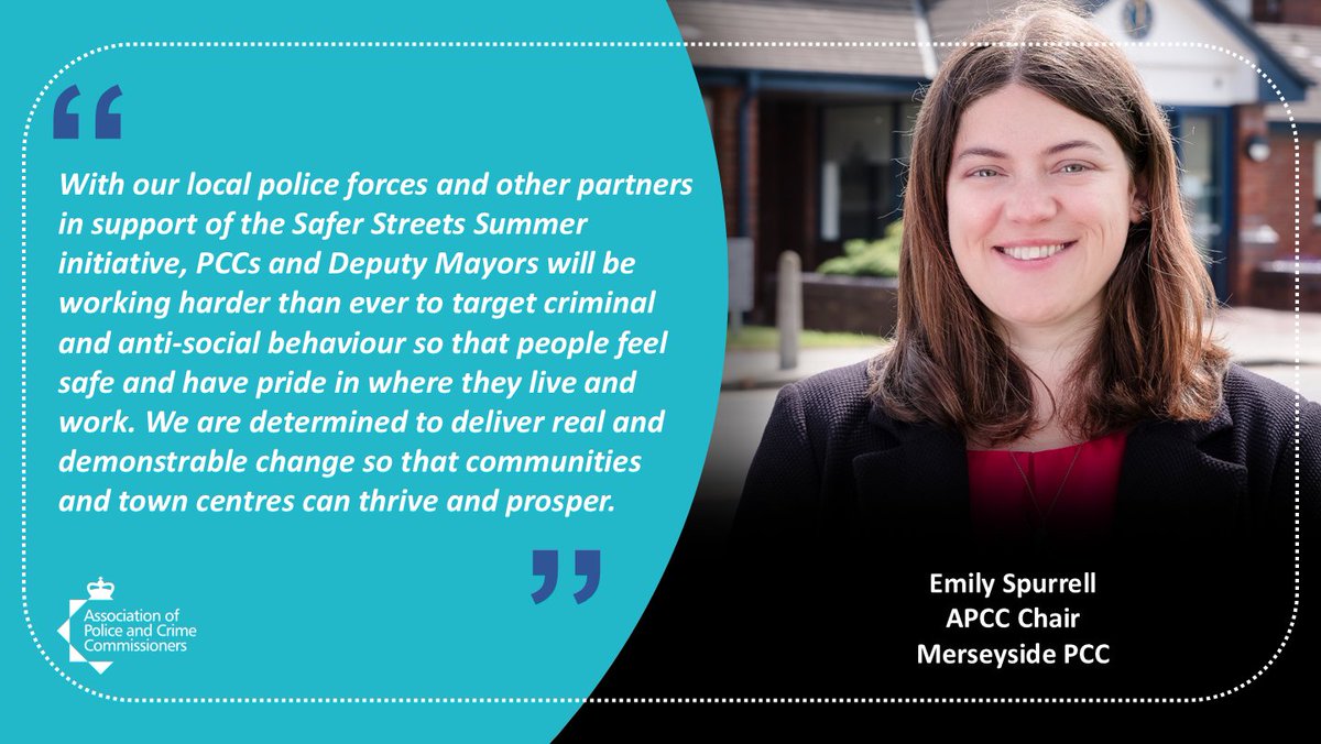 AssocPCCs's tweet image. APCC Chair @emilyspurrell is backing the Safer Streets Summer initiative which will see more police officers on the beat in town centres across England and Wales tackling anti-social behaviour and retail crime. 

👉apccs.police.uk/apcc-chair-bac…

#SaferStreetsSummer