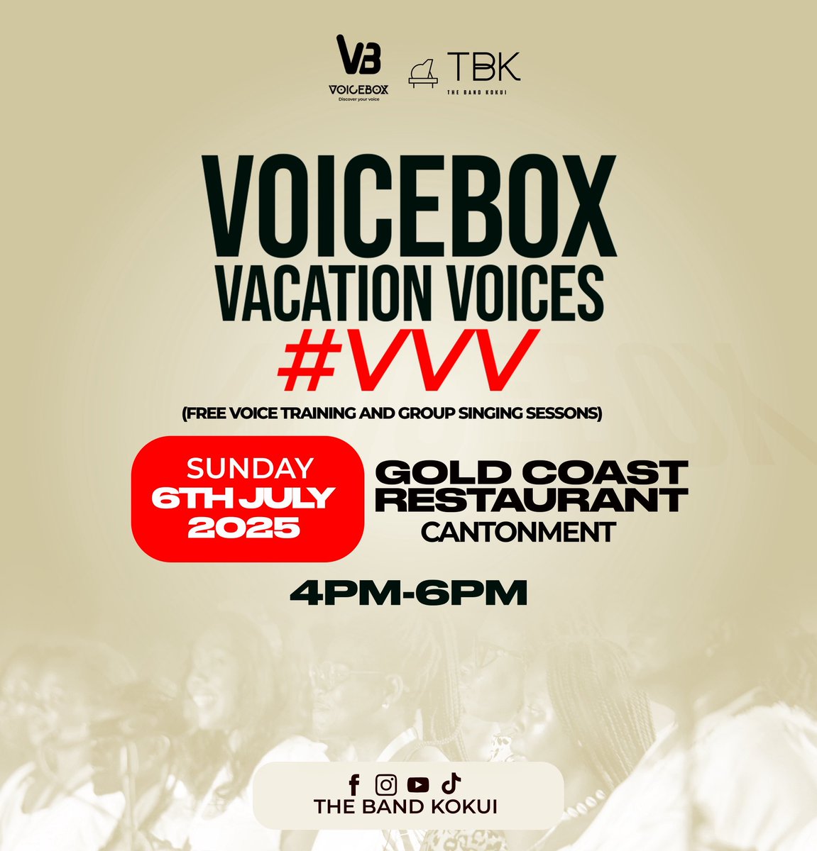 Tsale...

Happy holiday! 🇬🇭

Are you joining us on Sunday?

Remember, our #VVV voice trainIng and group singing sessions at Gold Coast Restaurant are free and open to the public. Come along and sing with us. 🎶

Let’s give a round of applause to our partners: Prof Music