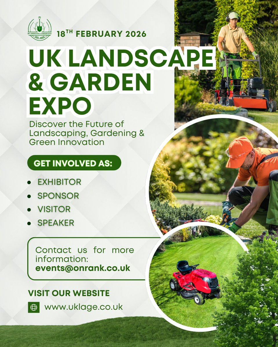 Get Involved: UK Landscape &amp; Garden Expo 2026 

🔹 Exhibit
🔹 Speak
🔹 Sponsor
🔹 Visit for FREE

📩 Email: events@onrank.co.uk
👉 Form: forms.gle/v6gANiAZ7g9Yyy…

uklage.co.uk

#UKLAGE #LandscapeExpo #GardenIndustry #UKTradeEvent