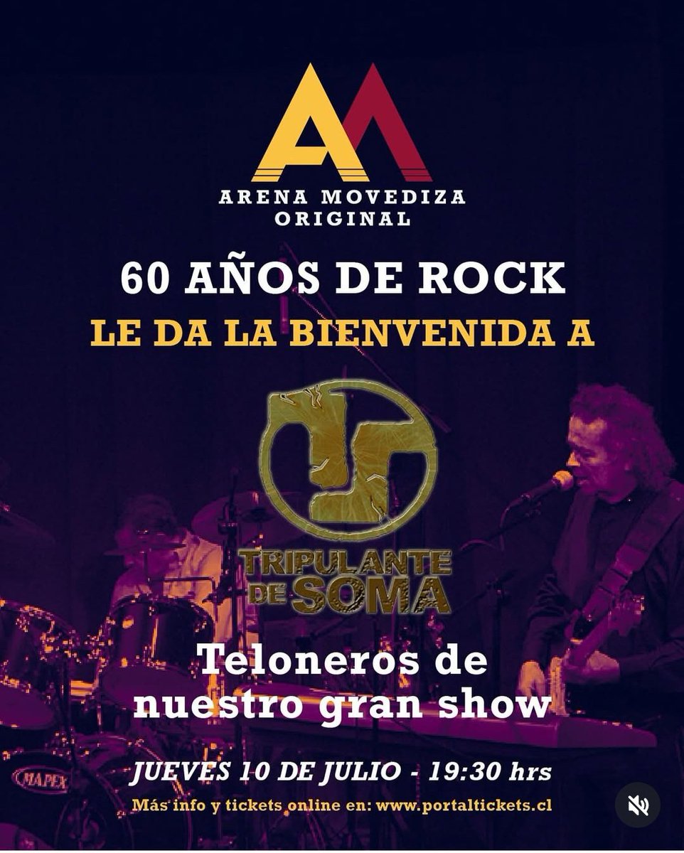 tripdesoma's tweet photo. Hemos sido invitados por Arena Movediza Original para acompañarlos en la celebración  de sus 60 años este jueves 10 de julio los esperamos en la @SalaSCD de Plaza Egaña. Los esperamos https://t.co/KWeZy1P3Qs