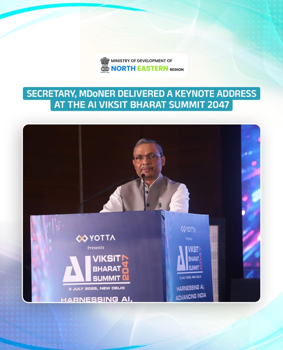 Secretary, Ministry of Development of North Eastern Region, delivered a keynote address at the AI Viksit Bharat Summit 2047 in New Delhi. The event underscored the commitment to leveraging artificial intelligence for inclusive and transformative growth. 

#MDoNERIndia