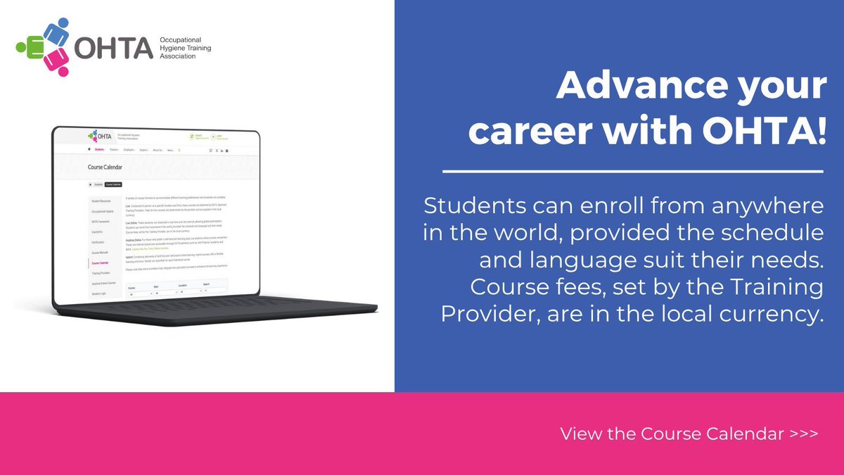 Occupational Hygiene Training Association (@ohtatraining) on Twitter photo 💻 OHTA is LIVE and ON-LINE and waiting for you to join one of our upcoming courses!
Students can enroll from anywhere in the world. Course fees, set by the Training Provider, are in the local currency.   
See the OHTA Course Calendar 🔗 buff.ly/o5C7DPZ 💻 OHTA is LIVE and ON-LINE and waiting for you to join one of our upcoming courses!
Students can enroll from anywhere in the world. Course fees, set by the Training Provider, are in the local currency.   
See the OHTA Course Calendar 🔗 buff.ly/o5C7DPZ