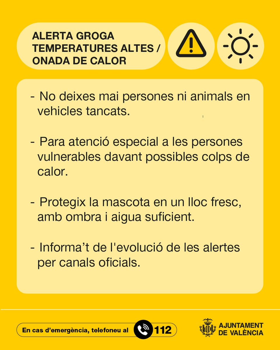 Ajuntament València (@ajuntamentvlc) on Twitter photo ⚠️ <a href="/GVA112/">Emergències 112CV</a> actualitza les alertes meteorològiques per a hui divendres, amb alerta groga 🟡per temperatures màximes al litoral nord i sud de #València.
Pareu atents a estes recomanacions ⬇️ ⚠️ <a href="/GVA112/">Emergències 112CV</a> actualitza les alertes meteorològiques per a hui divendres, amb alerta groga 🟡per temperatures màximes al litoral nord i sud de #València.
Pareu atents a estes recomanacions ⬇️