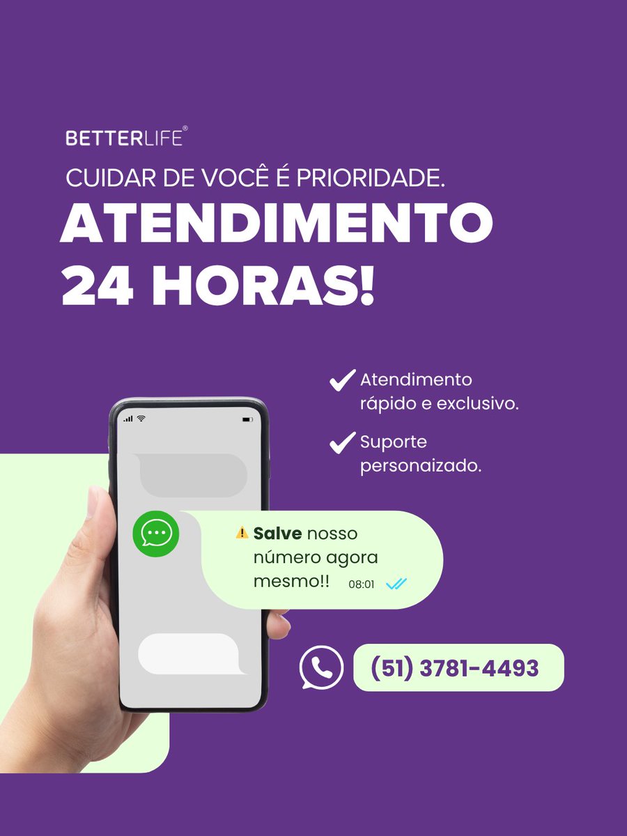 Betterlifebr's tweet photo. ✨Quer um jeito ainda mais rápido e seguro de realizar as suas compras?|

Faça seu pedido pelo WhatsApp - Atendimento personalizado, cheio de carinho pelo nosso time - Do jeito que você merece!💜

Faça suas escolhas agora mesmo - 📲 (51) 3781-4493

#betterlife #saude #suplementação
