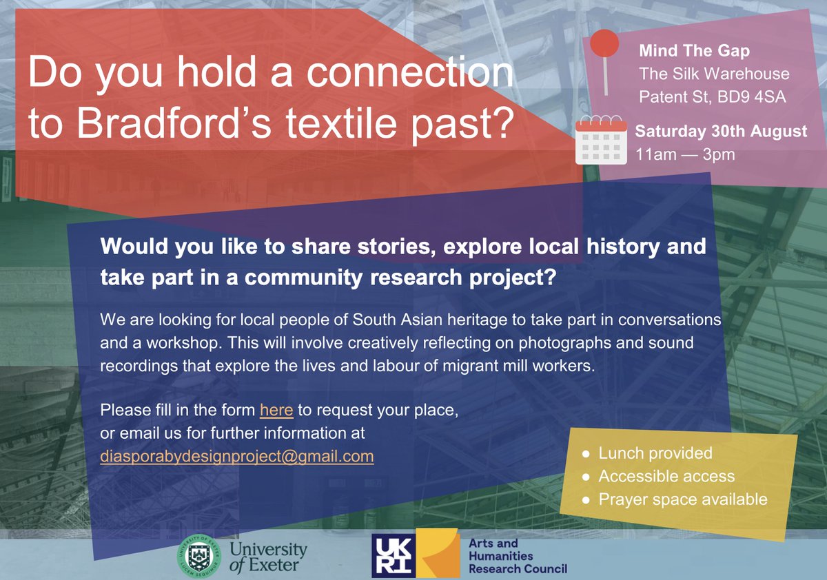 Kala Sangam (@kala_sangam) on Twitter photo Do you hold a connection to Bradford's textile past?
Would you like to share stories, explore local history and take part in a community research project?
Please fill out the form to request your place: Link in bio or email diasporabydesignproject@gmail.com Do you hold a connection to Bradford's textile past?
Would you like to share stories, explore local history and take part in a community research project?
Please fill out the form to request your place: Link in bio or email diasporabydesignproject@gmail.com
