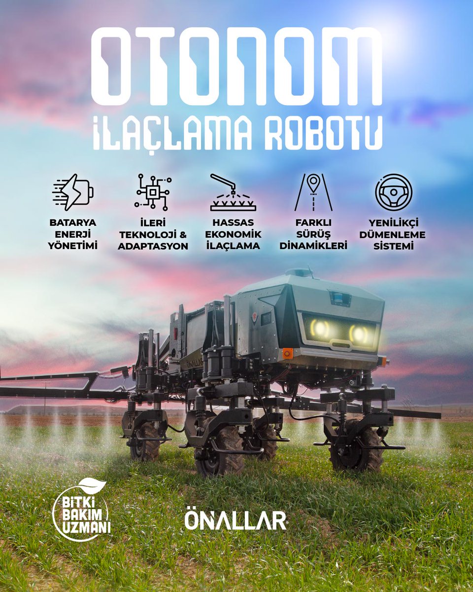 🚜 Tarımda yeni dönem!

#ÖNALLAR Tam otonom #ilaçlamaRobotu 

🔋 Batarya enerji yönetimi
🎯 Hassas &amp; ekonomik ilaçlama
⚙️ İleri teknoloji adaptasyonu
🚗 Farklı sürüş dinamikleri
🧭 Yenilikçi dümenleme sistemi
#AkıllıTarım #Otonomİlaçlama