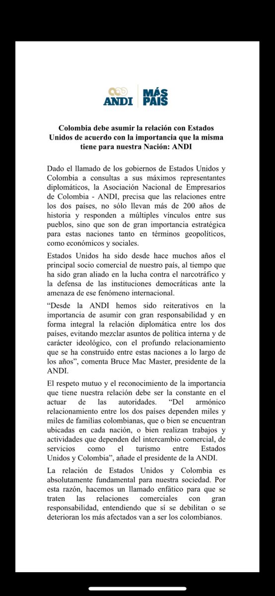#Atento | El presidente de la Andi, Bruce Mac Master, señaló que las relaciones internacionales deben manejarse con “responsabilidad y seriedad”, particularmente con EE.UU, país con el que se tienen las principales alianzas comerciales
