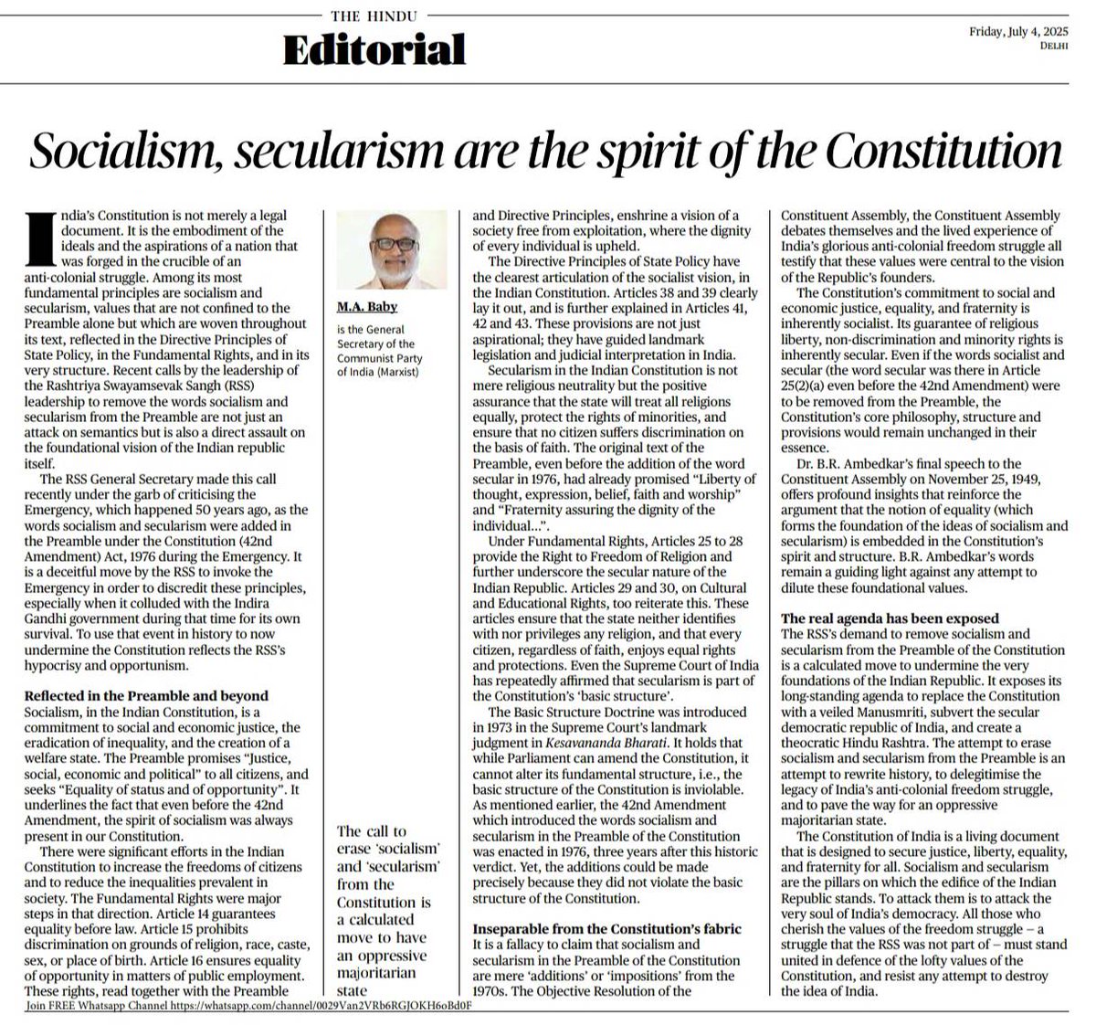 General Secretary <a href="/MABABYCPIM/">M A Baby</a> writes that the RSS leadership's calls to remove #socialism and #secularism from the Preamble of the Constitution are a direct assault on the foundational vision of the Indian republic.