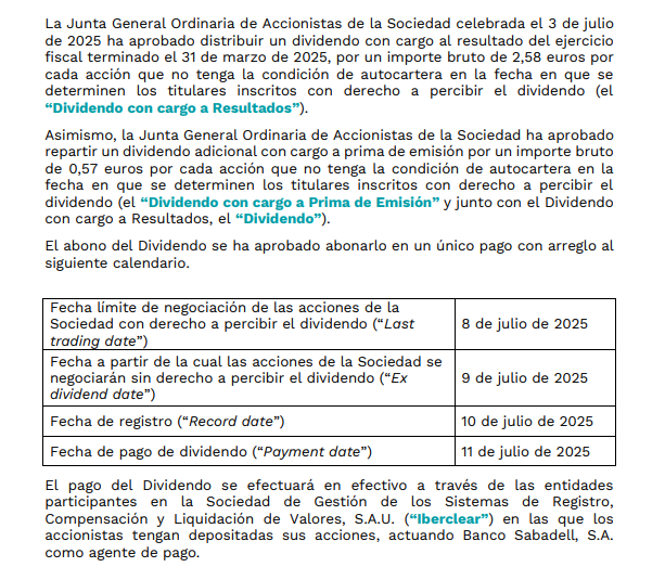 JCPF_Carlos's tweet photo. #AEDASHOME #AEDAS 

 📌Calendario de abono del dividendo.

🚨Importe bruto de 2,58€ por acción + un dividendo adicional con cargo a prima de emisión por un importe bruto de 0,57€ por acción.

✅Fecha límite de negociación de las acciones de la Sociedad con derecho a percibir el dividendo (“Last trading date”) 8 de julio de 2025 

✅Fecha a partir de la cual las acciones de la Sociedad se negociarán sin derecho a percibir el dividendo (“Ex dividend date”) 9 de julio de 2025 

✅Fecha de registro (“Record date”) 10 de julio de 2025 

✅Fecha de pago de dividendo (“Payment date”) 11 de julio de 2025