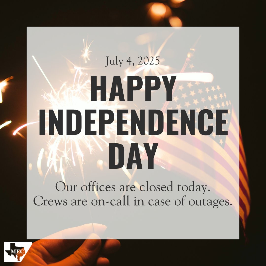 Our offices will be closed today, July 4th, as we celebrate Independence Day.🇺🇸
As always, crews will remain on call to handle any outages. To report an outage, use SmartHub or call 1-866-632-3532.