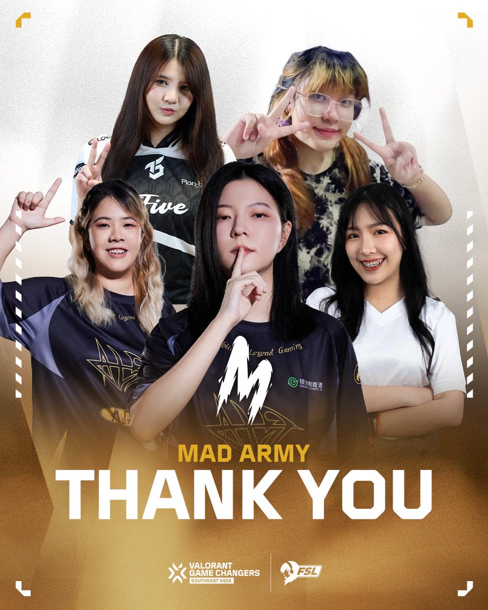 FSL (@fsl_gg) on Twitter photo Thank you, MAD Army. ๐ซก
Your journey in the #GameChangers Southeast Asia Split 2 Playoffs was full of grit, heart, and unforgettable moments. 
Weโll be cheering for whatโs next.
#GameChangersSEA2025 #VCTGameChangers #VALORANT Thank you, MAD Army. ๐ซก
Your journey in the #GameChangers Southeast Asia Split 2 Playoffs was full of grit, heart, and unforgettable moments. 
Weโll be cheering for whatโs next.
#GameChangersSEA2025 #VCTGameChangers #VALORANT