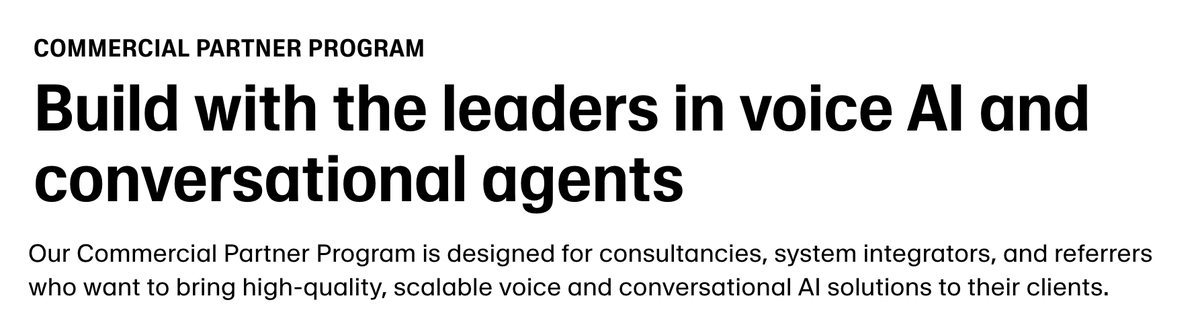Carles_Reina's tweet image. Excited to launch our Commercial Partner Program, where we share a % of revenues with companies that help close deals & deploy @elevenlabsio . We had been doing it for a year, and it was time to make it official and scalable.
elevenlabs.io/commercial-par…