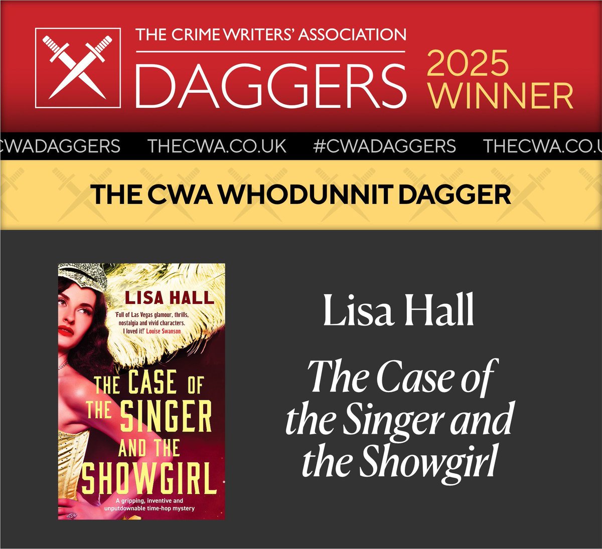 HeraBooks's tweet image. The biggest congratulations to @LisaHallAuthor on winning the inaugural Whodunnit Dagger at @The_CWA for her incredible time-slip mystery set in 1950s Las Vegas, The Case of the Singer and the Showgirl.
We couldn't be more proud! #CWADaggers
geni.us/PiHtAwx