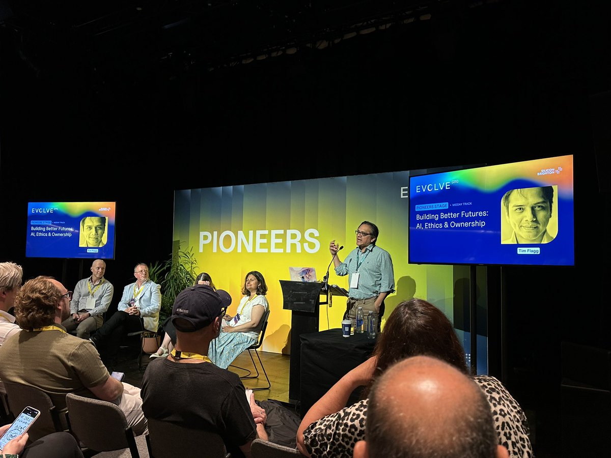 Opening the #EVOLVE25 Pioneers Theatre “Building Better Futures: AI, Ethics &amp; Ownership” panel this lunchtime is Co-Founder of <a href="/UKAIofficial/">UKAI</a>, Tim Flagg. Packed room and a huge opportunity for local businesses to share their experiences at a global level.
