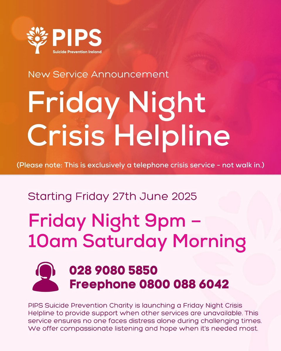 Angeleyes_ni's tweet image. Information sharing.
PIPS suicide prevention charity has announced a new service.
The Friday night Crisis helpline is available Fridays,  9pm - 10am Saturday.
Telephone-only service.
Telephone Number 028 90805850
Freephone 0800 088 6042