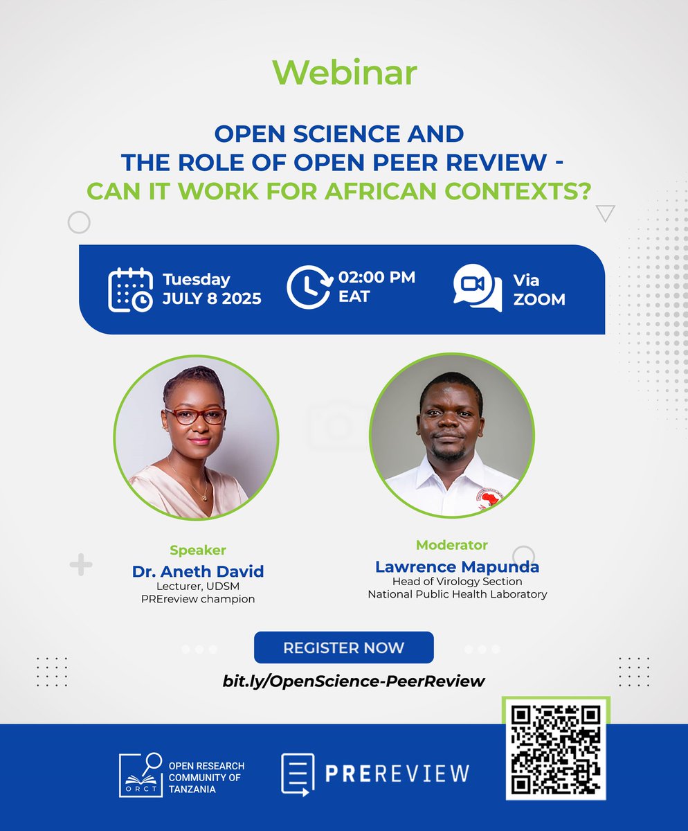 Join us next week for a webinar discussing OPEN PEER REVIEW for African context.  

Date: 8th July 2025 
When: 2 pm EAT

Register: bit.ly/OpenScience-Pe… 

Share widely

#OpenScience #OpenResearch #OpenScienceTz #PeerReview #PREreview #0penPeerReview #SayansiTanzania