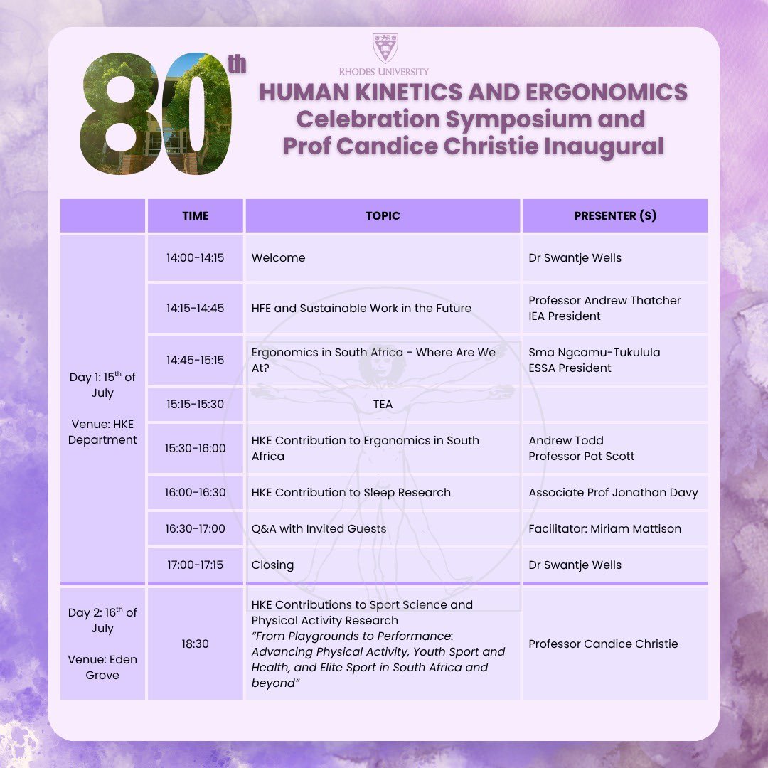 HKE (@hke_rhodes) on Twitter photo Can’t wait to see you at the HKE Celebration Symposium and the Inaugural Lecture of Professor Candice Christie!
RSVP
Symposium: j.mcdougall@ru.ac.za
Inaugural Lecture: events@ru.ac.za Can’t wait to see you at the HKE Celebration Symposium and the Inaugural Lecture of Professor Candice Christie!
RSVP
Symposium: j.mcdougall@ru.ac.za
Inaugural Lecture: events@ru.ac.za