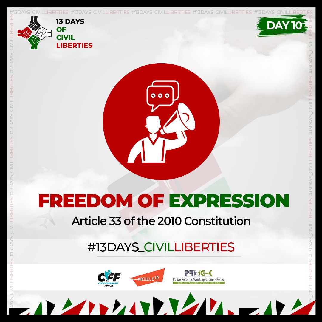 ReformsGroup's tweet image. Article 33 of the Constitution of Kenya guarantees the freedom of expression, the right to seek, receive, and impart information and ideas. Expression is a right, not a threat. #RightToProtest #13Days_CivilLiberties #FreedomofExpression #EndPoliceBrutalityKE
