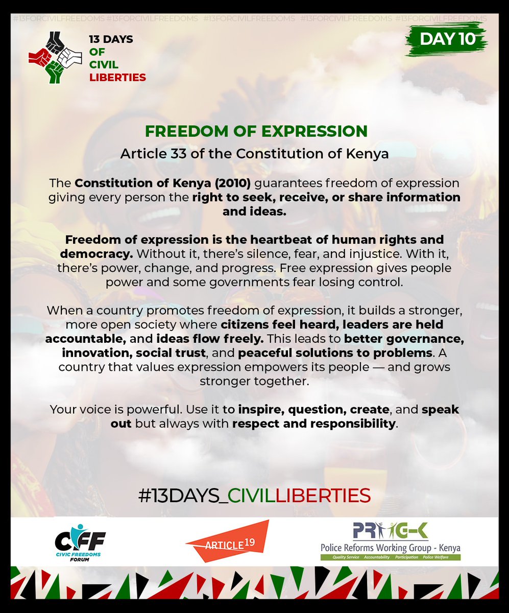 ReformsGroup's tweet image. Article 33 of the Constitution of Kenya guarantees the freedom of expression, the right to seek, receive, and impart information and ideas. Expression is a right, not a threat. #RightToProtest #13Days_CivilLiberties #FreedomofExpression #EndPoliceBrutalityKE