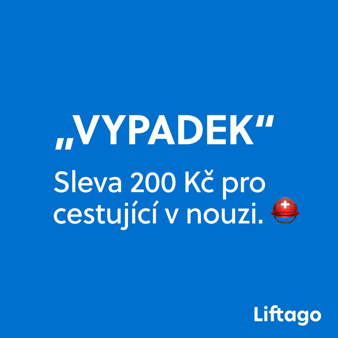 ⚠ Víme, že dnešní výpadek proudu může některým z vás zkomplikovat cestu. 

Pokud urgentně potřebujete pomoct s přesunem, použijte promokód VYPADEK a jízdu Liftagem budete mít o 200 Kč levnější.

Držte se a dávejte na sebe pozor. 💙