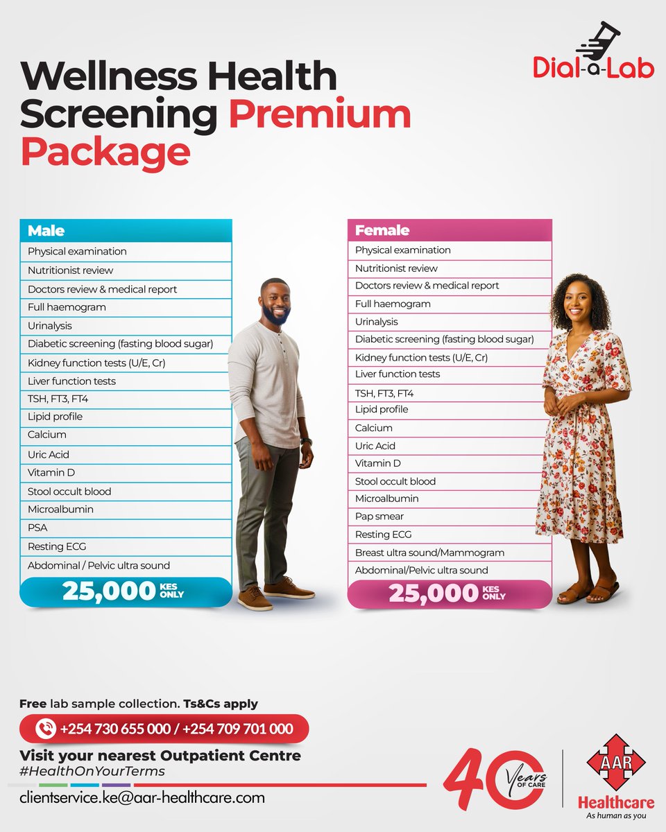 You already take care of the things that matter.​ 😊
​This one’s for you. The Premium Wellness Screening Package. Most results are ready in 30 min. Kshs. 25,000 | For men &amp; women | Dial-a-Lab: 0780 800 004 ( T&amp;Cs Apply) | Insurance Accepted
#HealthOnYourTerms #WellnessPackage