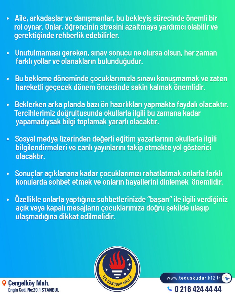 TED Üsküdar Koleji Psikolojik Danışmanlık ve Rehberlik Bölümü olarak “LGS sonuçlarını beklerken” anne babalara ve öğrencilerimize destek olabilecek bilgileri sizlerle paylaşmak istedik.💫 #TED #TEDÜsküdarKoleji #pdröneriyor