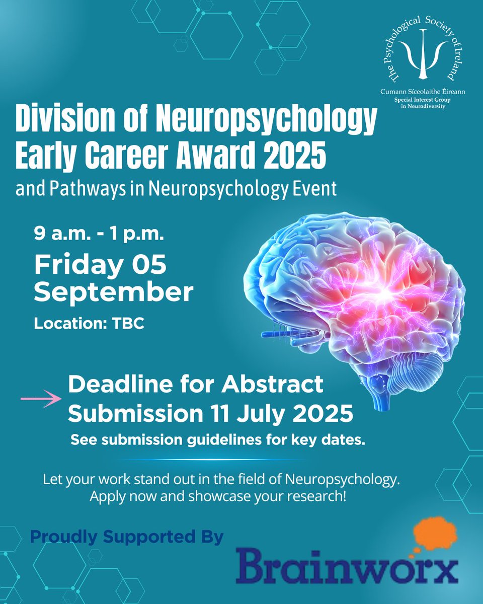 🚨1 week left! 

Abstract submissions for the <a href="/DONPSI/">PSI Division of Neuropsychology</a> Early Career Award 2025 close next Friday 11 July.

Don’t miss your chance to be recognised for your neuropsychology research! 
Sponsored by <a href="/Brainworx_Irl/">Brainworx</a>. 

Full guidelines &amp; how to apply: bit.ly/4n5ci