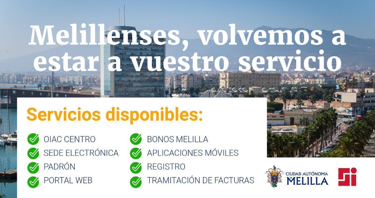 🔊 Melillenses, volvemos poco a poco. 

Gracias al trabajo de la DGSI, de empresas locales y nacionales de tecnologia de la Información y a la colaboración de empleados públicos de diferentes áreas, ya están disponibles estos trámites electrónicos.👇🏼

Gracias por la comprensión.