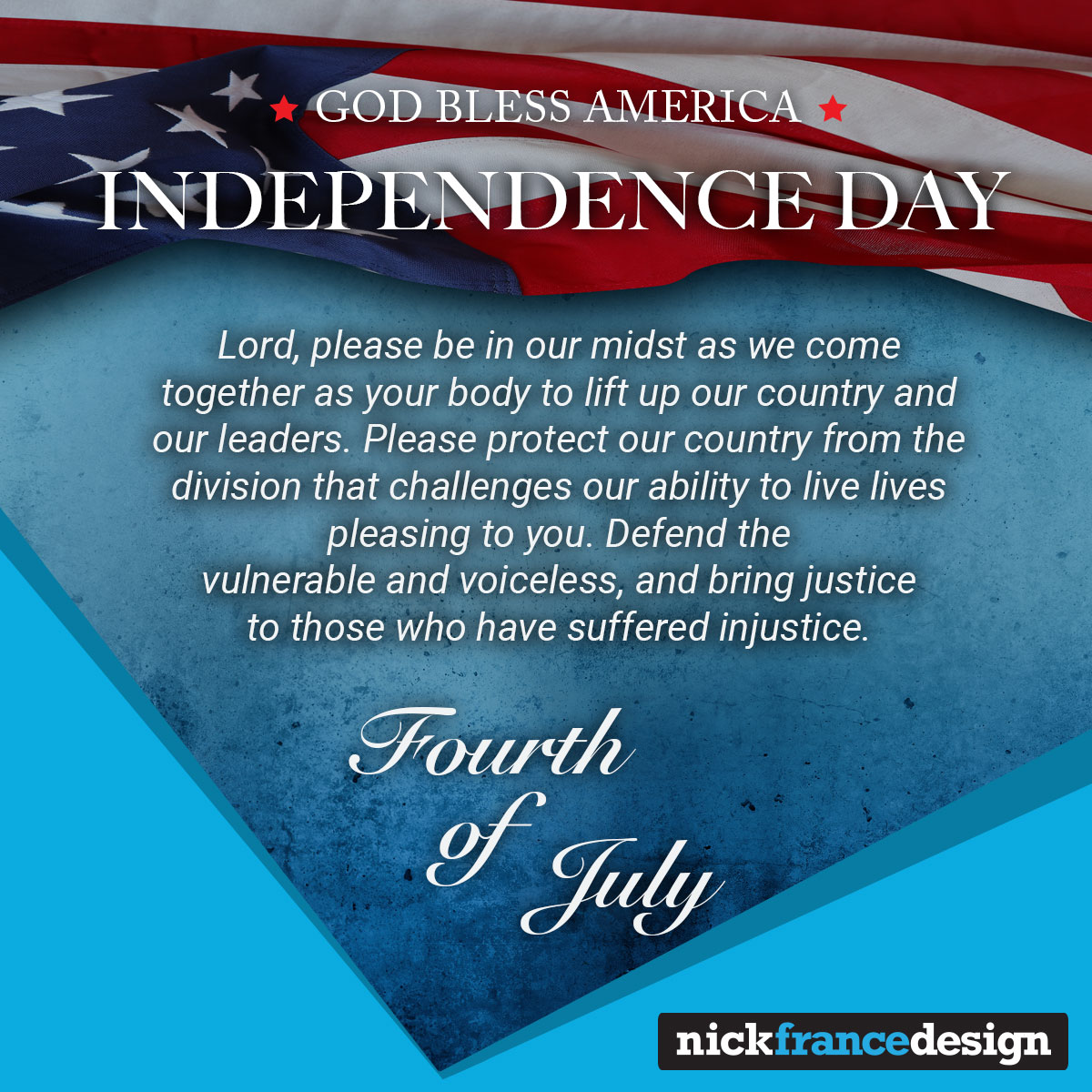 nfrance's tweet photo. Wishing you a Happy Independence Day on this 4th of July!
Lord, please be in our midst as we come together as your body to lift up our country...

#4thofJuly #IndependenceDay #godblessamerica https://t.co/uYNS63kFun