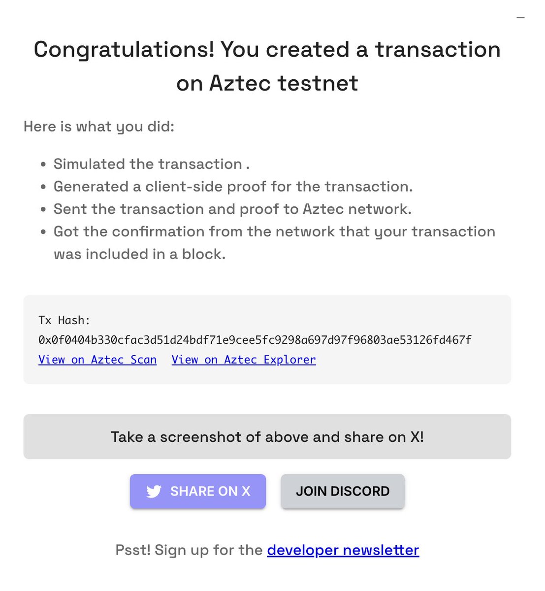 I sent a private transaction on <a href="/aztecnetwork/">Aztec</a> Public Testnet by generating a client-side proof.

Try it yourself with Aztec Playground: play.aztec.network