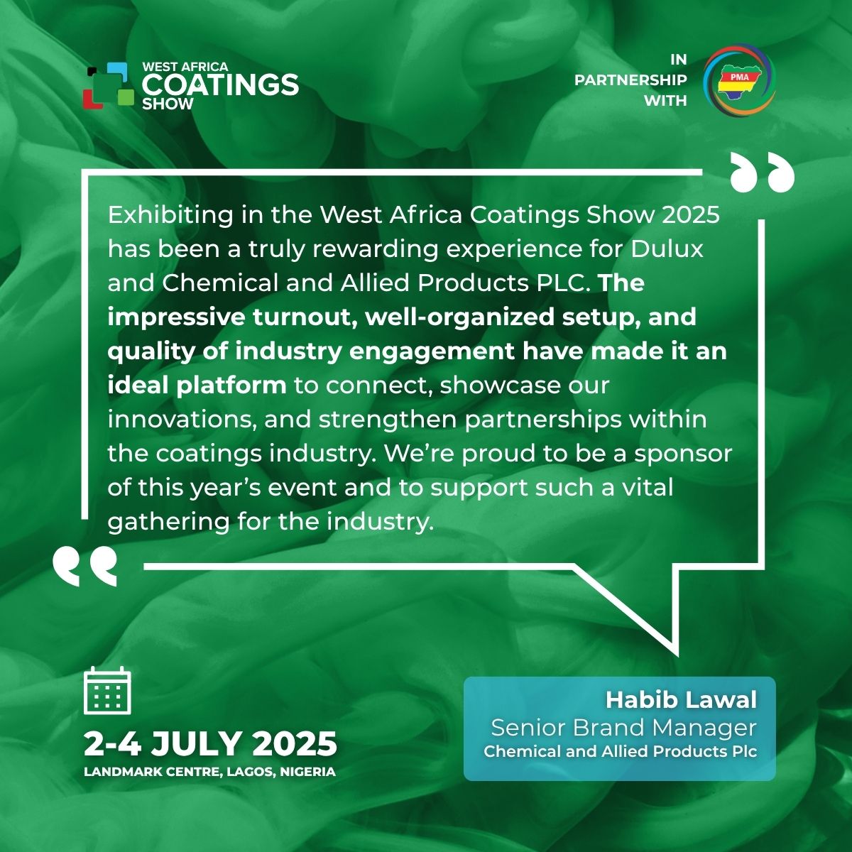 🌟 Industry leaders are raving about #WACS!

LAST DAY - don't miss out! We're open till 3 PM TODAY! 👉🏼 westafricacoatingsshow.com/X-Register

📅 2-4 July 2025 📍 Landmark Centre, Lagos

#Coatings