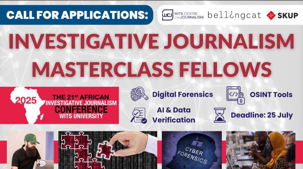 CharmAfric's tweet image. NEW: Applications are now open for the #AIJC2025 Investigative Journalism Masterclass, scheduled to take place from 2 to 4 November immediately preceding this year's African Investigative Journalism Conference at the University of the Witwatersrand.
The intensive three-day…