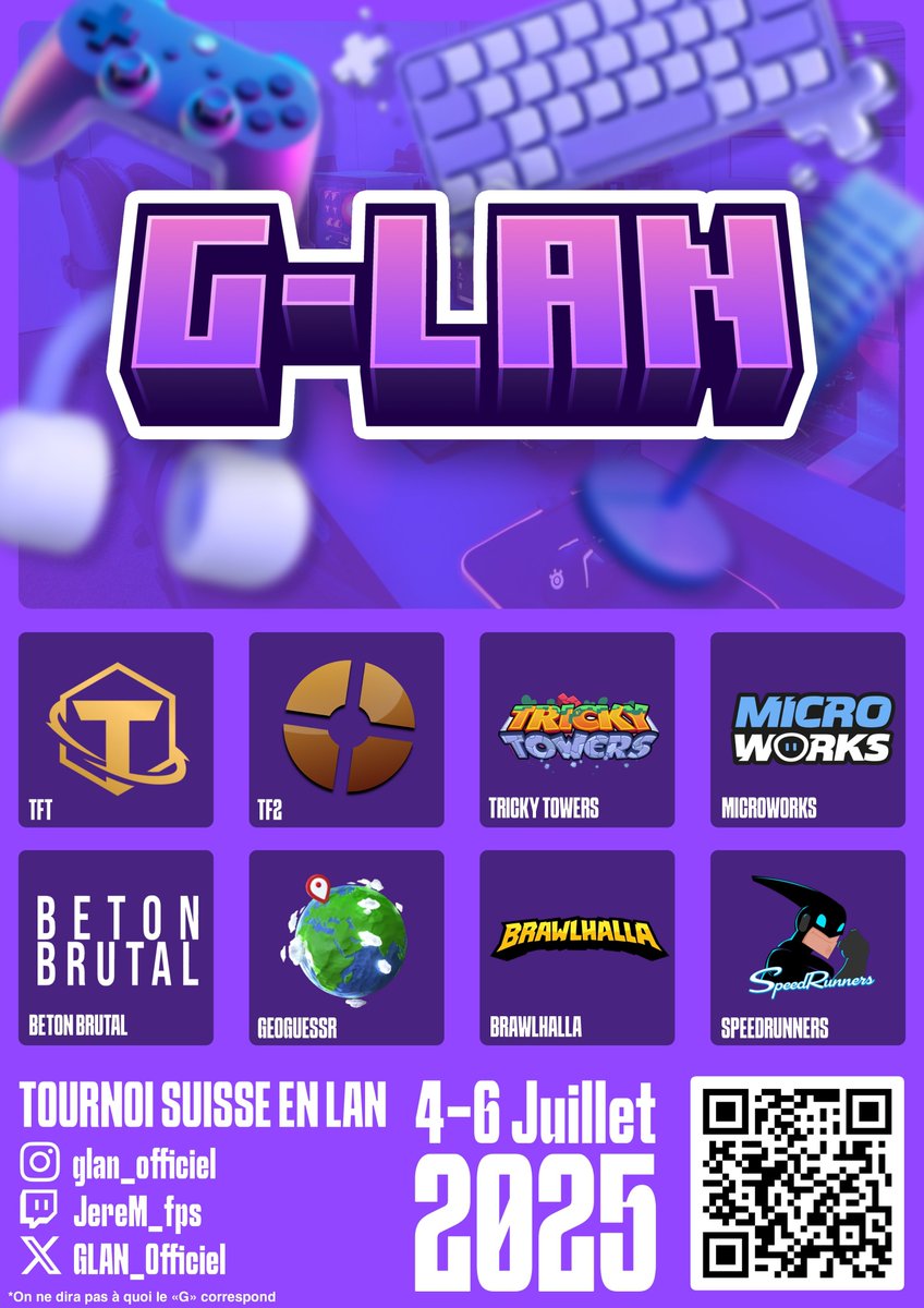 Ce week-end, je participe à la <a href="/GLAN_Officiel/">G-LAN</a> organisée par @JereM_fps, <a href="/Quentadou_/">Quentadou</a> &amp; friends. 

Le topo, c'est une petite LAN compétitive multigaming de 16 participants. J'y serai avec <a href="/RubioAdrien/">Adrien ''Shiny'' Rubio</a> notamment ! 👀 

Perso, je ne me suis pas préparé pour gagner. We will see! 😇