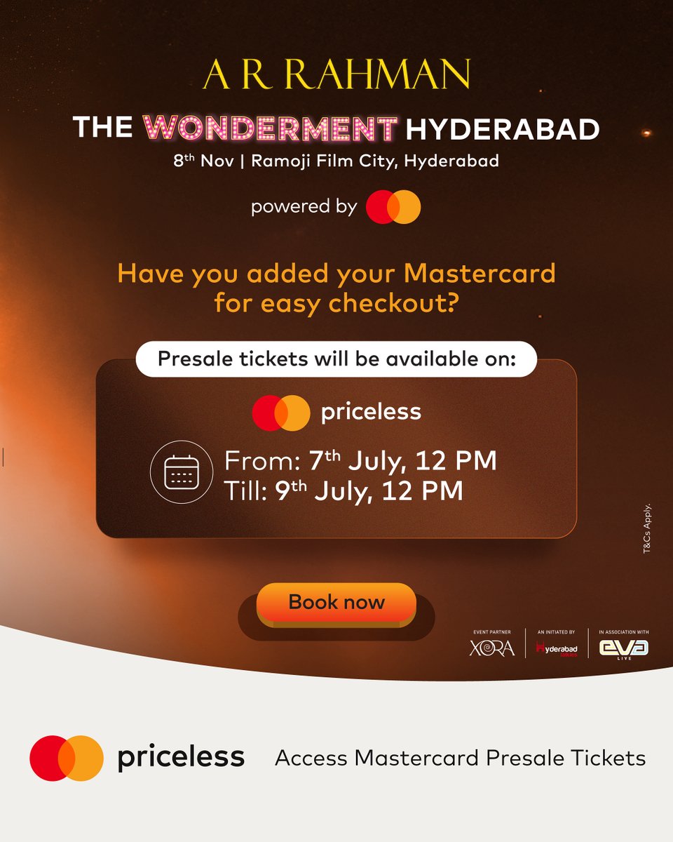 Get ready for an unforgettable night as A R Rahman brings The Wonderment Tour to Hyderabad this November. A live musical journey at Ramoji Film City that you simply can’t miss.

As a Mastercard cardholder, you get early access to presale tickets. This is your chance to book your