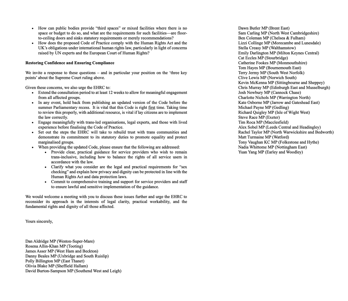 I am proud to have joined colleagues in signing this letter expressing grave concern regarding the EHRC’s Interim Guidance following the recent Supreme Court ruling on trans rights. To be clear, there must never be room for discrimination or harassment against trans people.