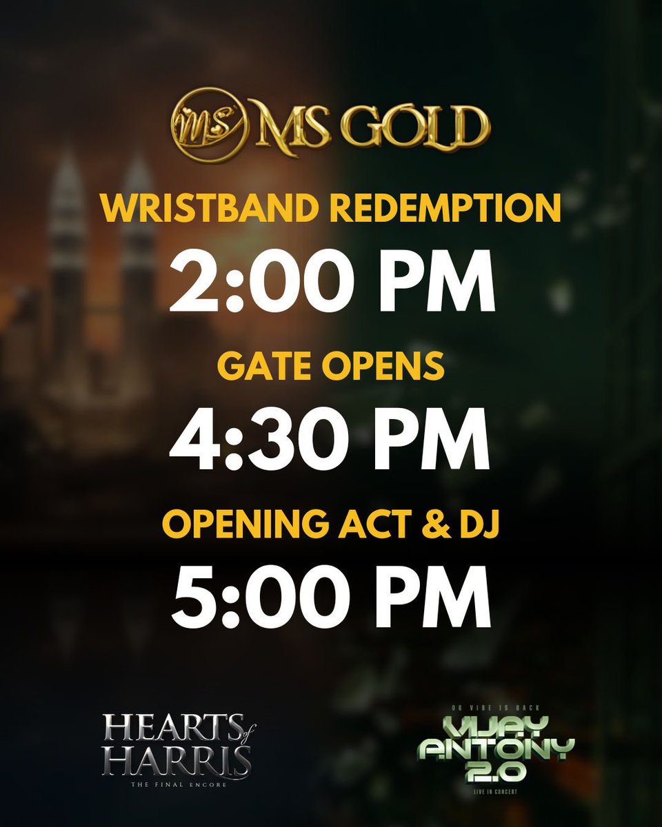 malikstreams's tweet photo. 📢 HARRIS JAYARAJ – IMPORTANT TIMINGS &amp; GUIDELINES! 🎶

Please take note of these important Timings, Do’s &amp; Don’ts to make your Hearts of Harris: The Final Encore experience smooth and unforgettable!

Brought to you by @msgold.my

@jharrisjayaraj
@datoabdulmalik

#HeartsofHarris https://t.co/ncjJHpw9m6