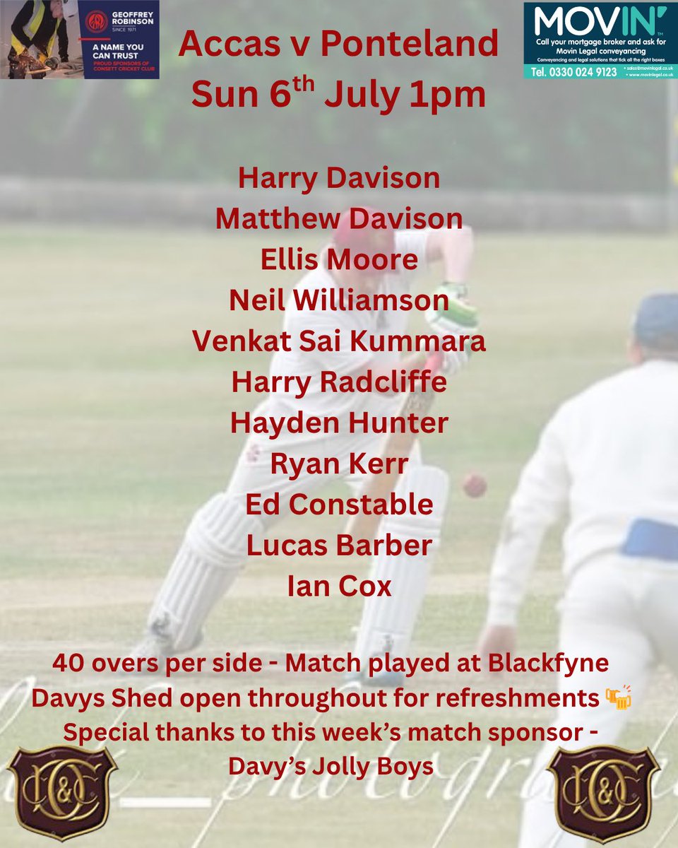 Consett Cricket Club π (@consettcc) on Twitter photo π Weekend Seniors π
1s travel to <a href="/BlaydonCricket/">Blaydon Cricket Club</a>
2s host <a href="/rockcricketclub/">Rock Cricket Club</a>
Academicals host <a href="/PontCc/">Ponteland CC</a>
Bar open throughout home games.
Thanks to Davys Jolly Boys, <a href="/MovinLegalLtd/">Movin Legal Limited</a> and Geoffrey Robinson Limited for the continued support π Weekend Seniors π
1s travel to <a href="/BlaydonCricket/">Blaydon Cricket Club</a>
2s host <a href="/rockcricketclub/">Rock Cricket Club</a>
Academicals host <a href="/PontCc/">Ponteland CC</a>
Bar open throughout home games.
Thanks to Davys Jolly Boys, <a href="/MovinLegalLtd/">Movin Legal Limited</a> and Geoffrey Robinson Limited for the continued support