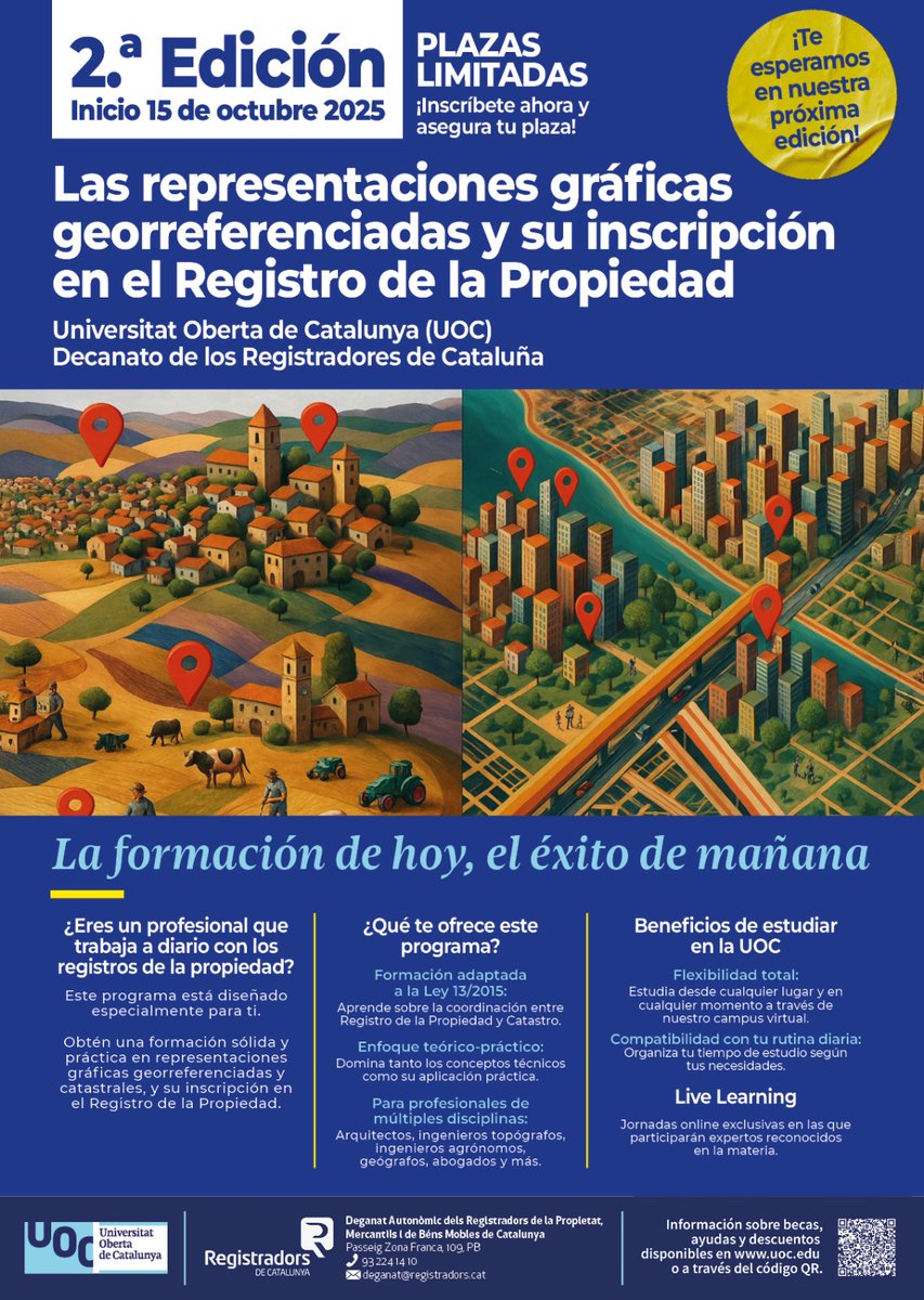 📚 Curso online (2.ª edición)  Representaciones gráficas georreferenciadas y su inscripción en el Registro de la Propiedad.
Una iniciativa conjunta de <a href="/UOCedcp/">UOC Dret i Política</a>  y <a href="/RegistradorsCAT/">Decanato de los Registradores de Cataluña</a>  para ofrecer formación técnico-práctica centrada en la Ley 13/2015 y casos reales: uso de SIG,