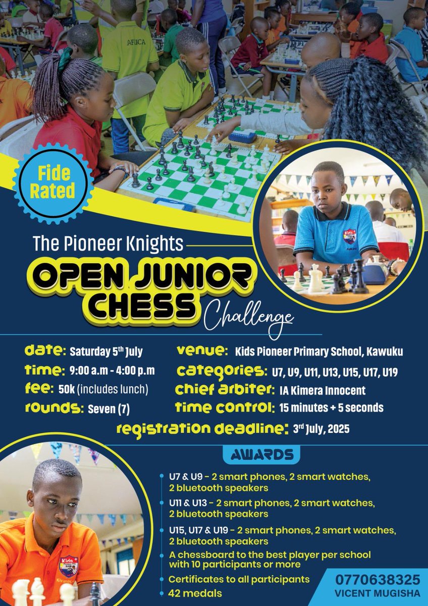 KidsPioneer01's tweet photo. Join the excitement at the FIDE Rated Pioneer Knights Open Junior Chess Challenge! 🧩♟️ Date: July 5th, 9:00 AM - 4:00 PM  🎉 Prizes include smart gadgets, chessboards, and medals! #ChessChallenge #JuniorChess #FIDEChess #ChessMasters #SportsForKids #chesstournament https://t.co/NyijOz3hyM